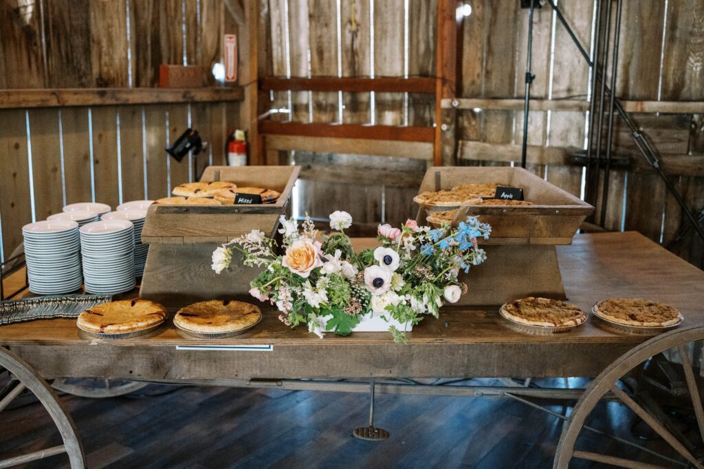 wedding dessert table with pie